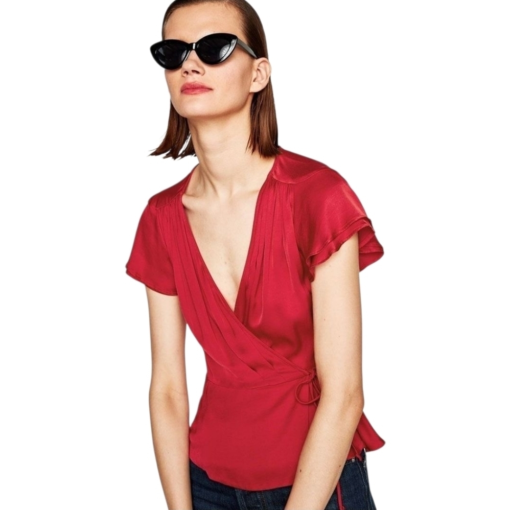 Zara Woman Red Satin Effect Wrap Ruffle Sleeve Top Blouse size Large
